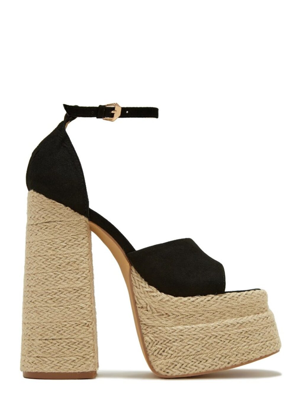 NEW🔥 Black Open Toe Raffia Double Platform Chunky Block Heel Sandal Ankle Strap - Picture 4 of 5